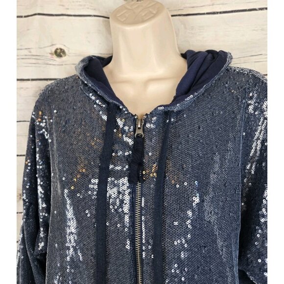 Anthropologie Postmark Blue Sequin Jacket S Full Zip Hoodie Holiday Party NYE - Picture 3 of 7